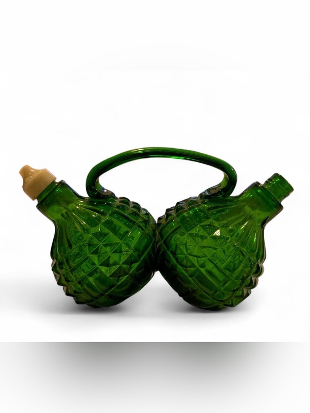 Vintage Green Glass Double Cruet Joined Oil Vinegar Bottle Diamond Pattern